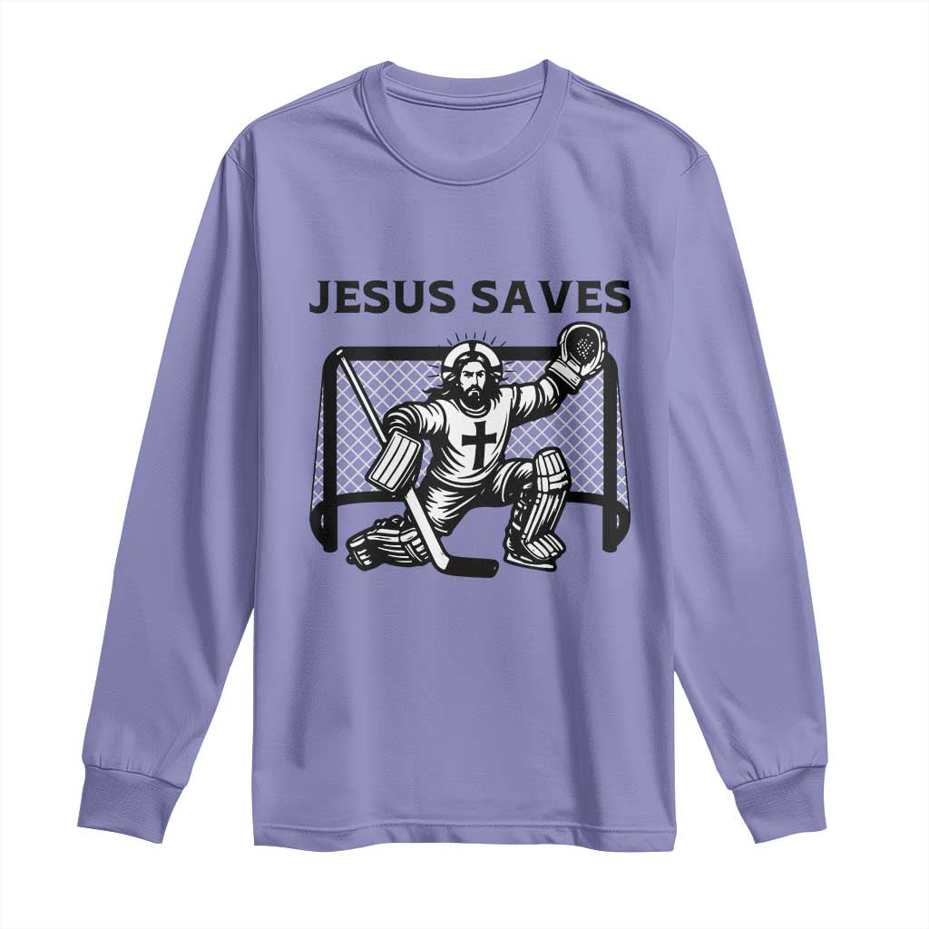 Funny Religious Ice Hockey Goalie Gift Long Sleeve Shirt Jesus Saves TS12 Violet Print Your Wear