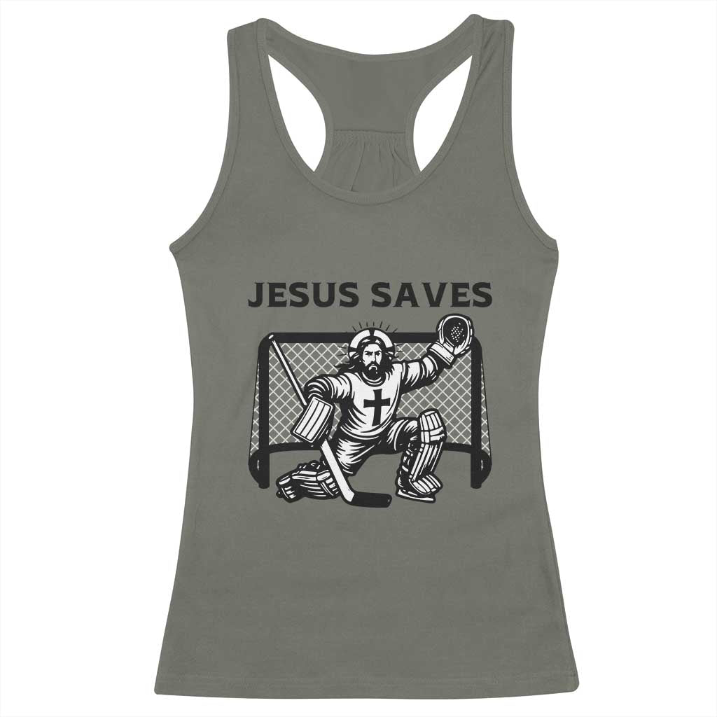Funny Religious Ice Hockey Goalie Gift Racerback Tank Top Jesus Saves TS12 Military Green Print Your Wear