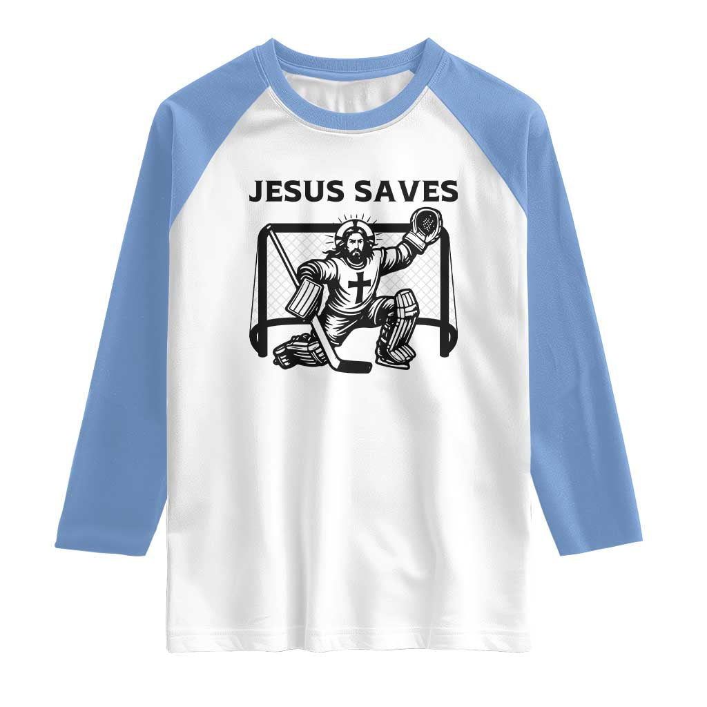 Funny Religious Ice Hockey Goalie Gift Raglan Shirt Jesus Saves TS12 White Carolina Blue Print Your Wear