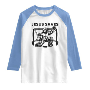 Funny Religious Ice Hockey Goalie Gift Raglan Shirt Jesus Saves TS12 White Carolina Blue Print Your Wear