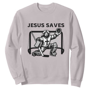 Funny Religious Ice Hockey Goalie Gift Sweatshirt Jesus Saves TS12 Ice Gray Print Your Wear
