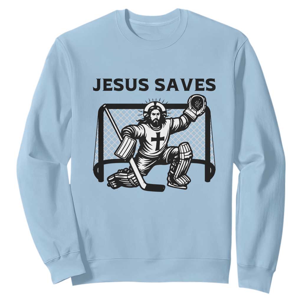 Funny Religious Ice Hockey Goalie Gift Sweatshirt Jesus Saves TS12 Light Blue Print Your Wear