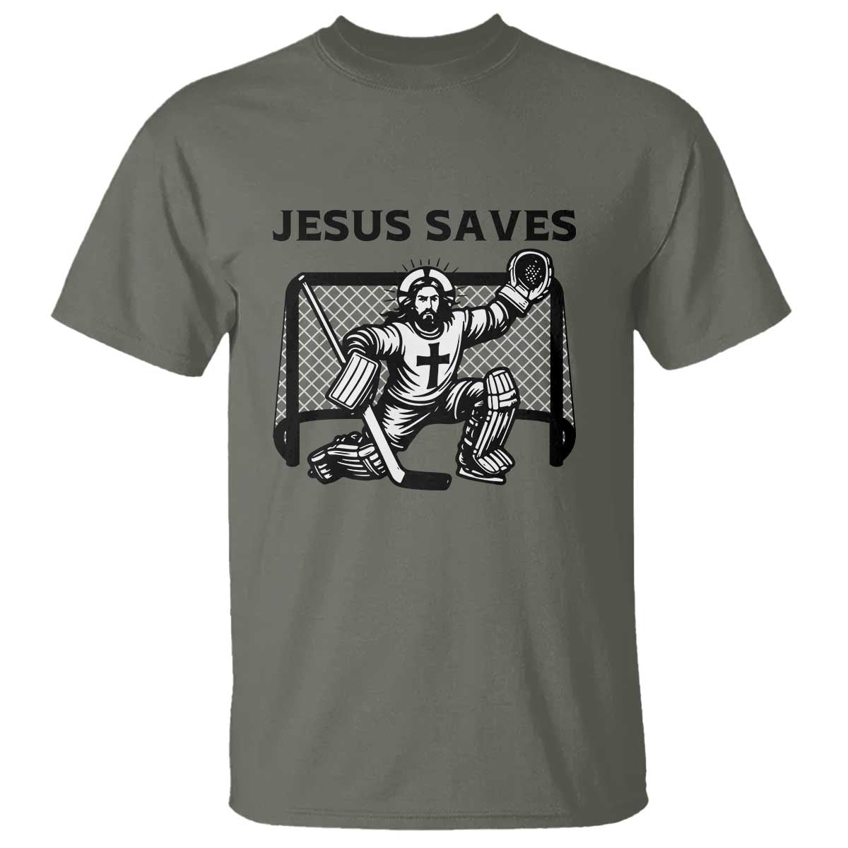 Funny Religious Ice Hockey Goalie Gift T Shirt Jesus Saves TS12 Military Green Print Your Wear