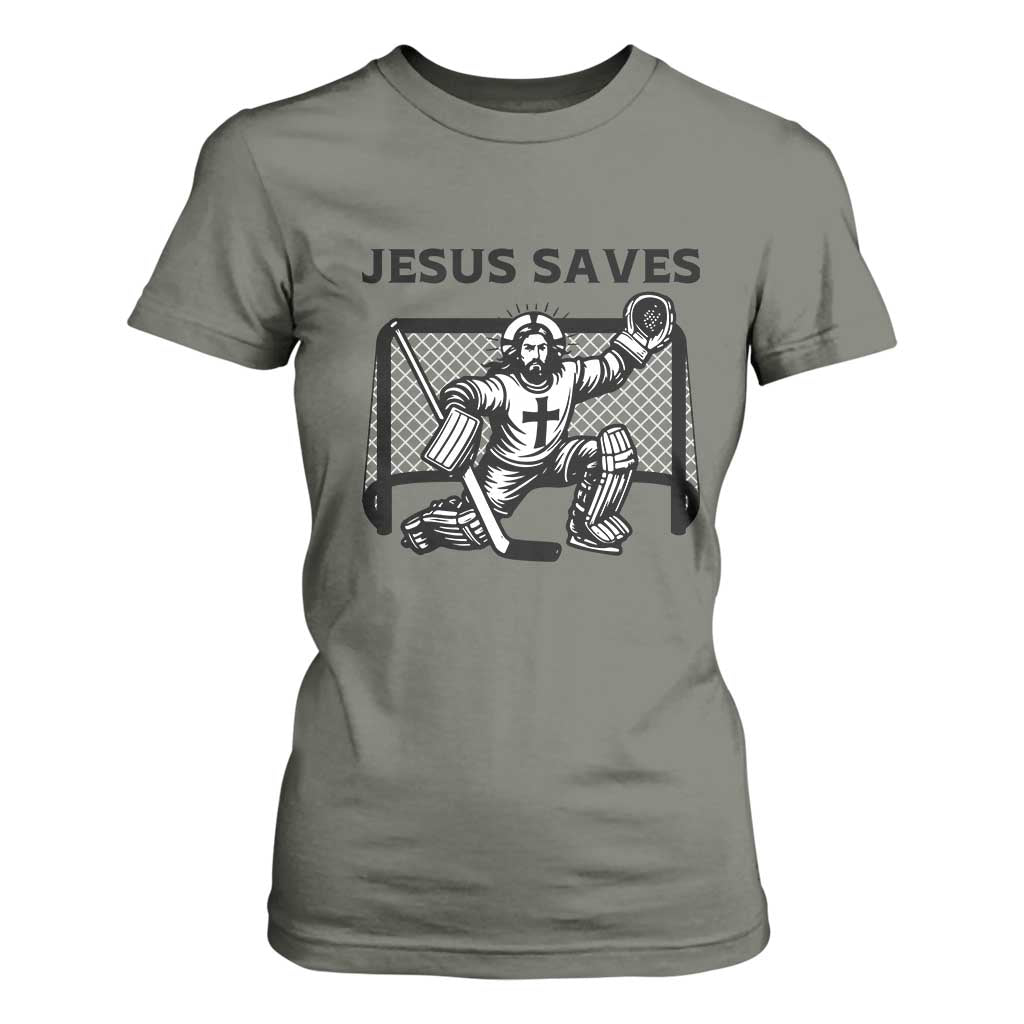 Funny Religious Ice Hockey Goalie Gift T Shirt For Women Jesus Saves TS12 Military Green Print Your Wear