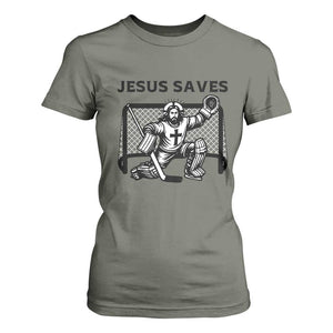 Funny Religious Ice Hockey Goalie Gift T Shirt For Women Jesus Saves TS12 Military Green Print Your Wear