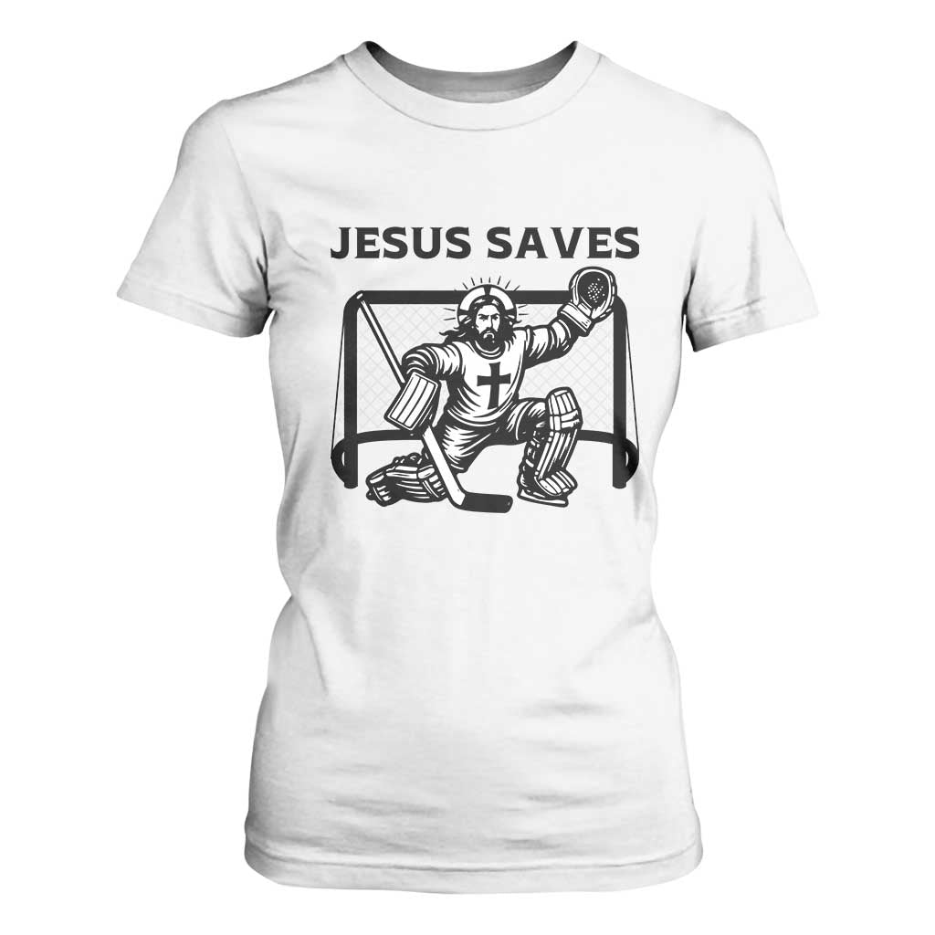 Funny Religious Ice Hockey Goalie Gift T Shirt For Women Jesus Saves TS12 White Print Your Wear