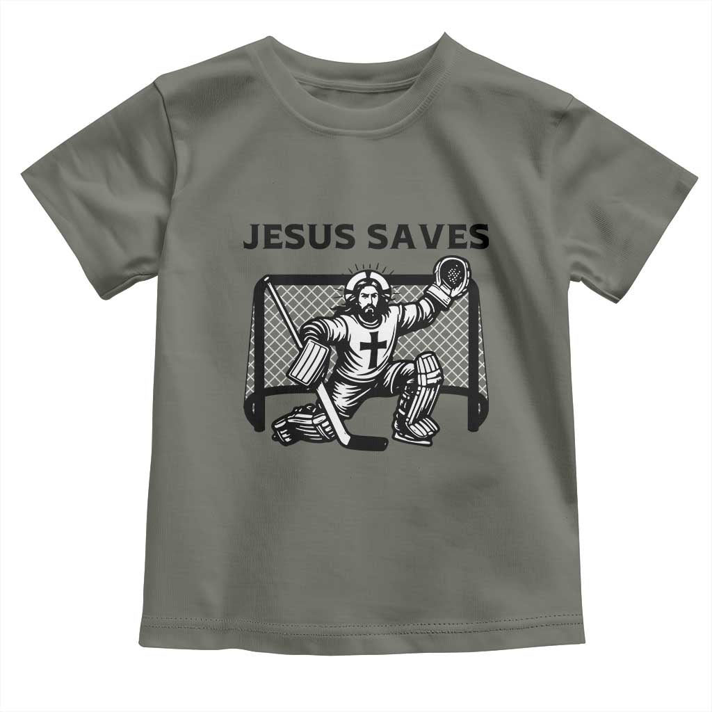 Funny Religious Ice Hockey Goalie Gift Toddler T Shirt Jesus Saves TS12 Military Green Print Your Wear