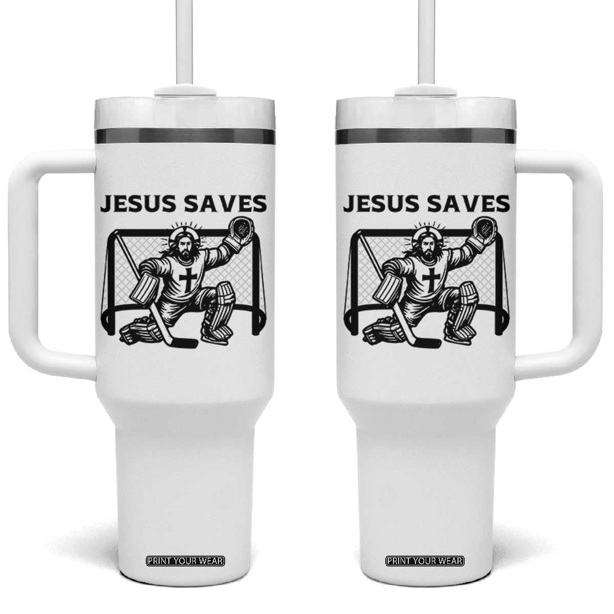 Funny Religious Ice Hockey Goalie Gift Tumbler With Handle Jesus Saves TS12 One Size: 40 oz White Print Your Wear