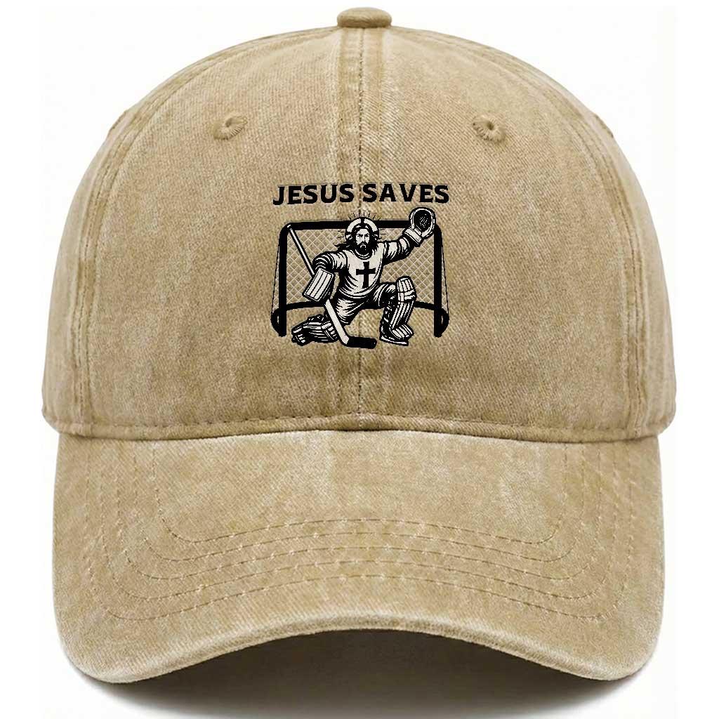 Funny Religious Ice Hockey Goalie Gift Washed Cotton Baseball Cap Jesus Saves TS12 Print Your Wear