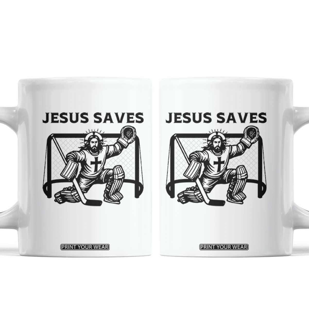 Funny Religious Ice Hockey Goalie Gift Coffee Mug Jesus Saves TS12 White Print Your Wear