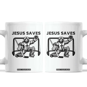 Funny Religious Ice Hockey Goalie Gift Coffee Mug Jesus Saves TS12 White Print Your Wear