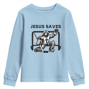 Funny Religious Ice Hockey Goalie Gift Youth Sweatshirt Jesus Saves TS12 Light Blue Print Your Wear