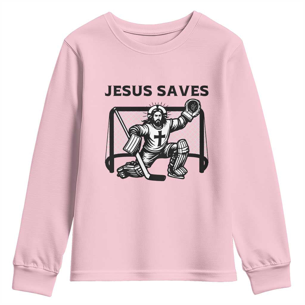 Funny Religious Ice Hockey Goalie Gift Youth Sweatshirt Jesus Saves TS12 Light Pink Print Your Wear