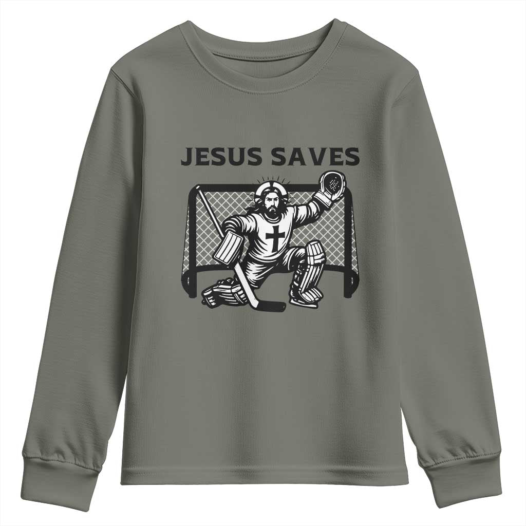 Funny Religious Ice Hockey Goalie Gift Youth Sweatshirt Jesus Saves TS12 Military Green Print Your Wear