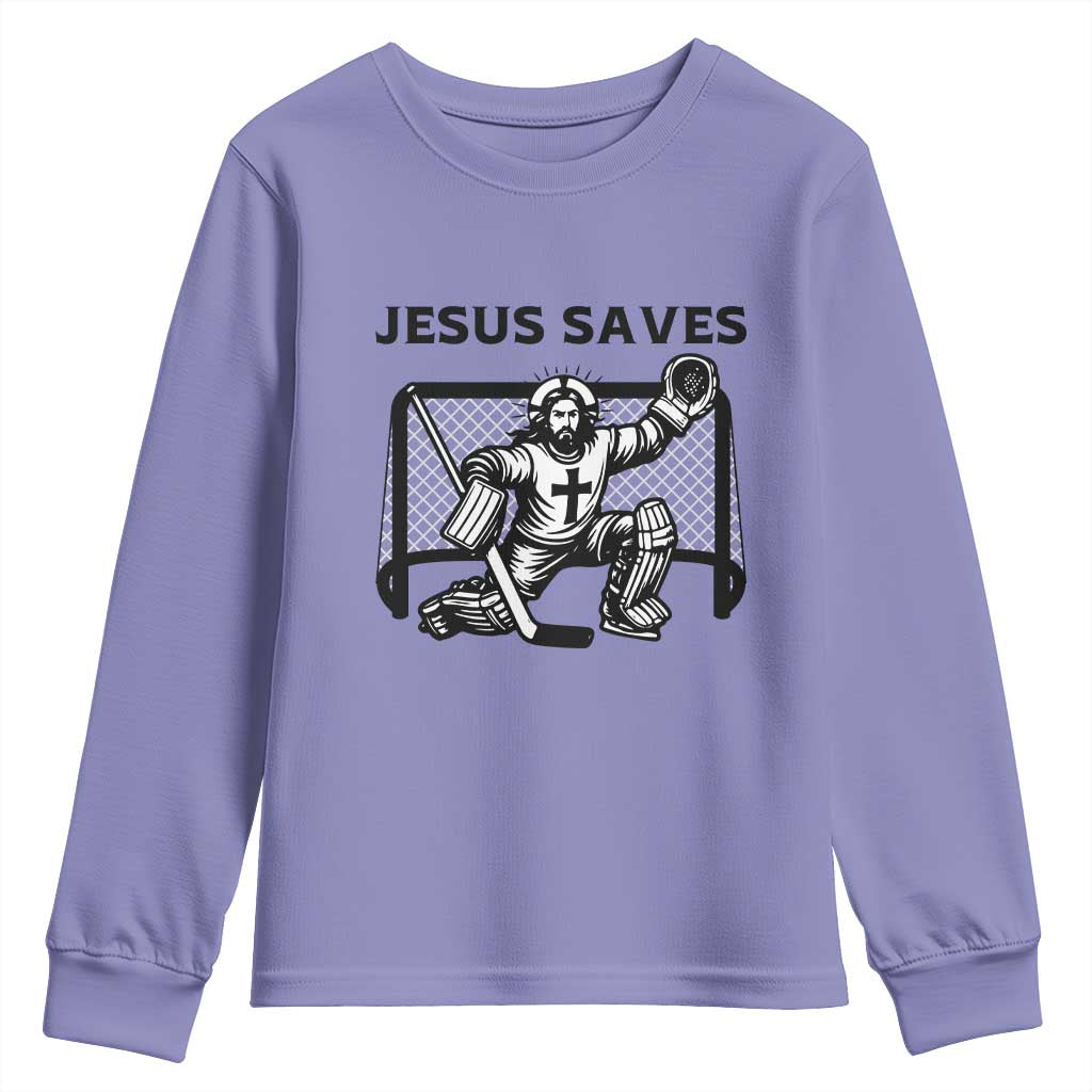 Funny Religious Ice Hockey Goalie Gift Youth Sweatshirt Jesus Saves TS12 Violet Print Your Wear