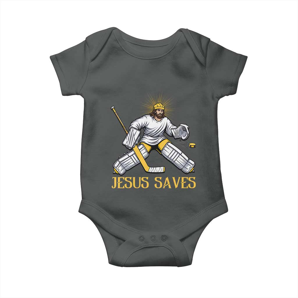 Jesus Saves Baby Onesie Funny Christian Ice Hockey Goalie Gift TS12 Dark Heather Print Your Wear