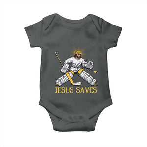 Jesus Saves Baby Onesie Funny Christian Ice Hockey Goalie Gift TS12 Dark Heather Print Your Wear