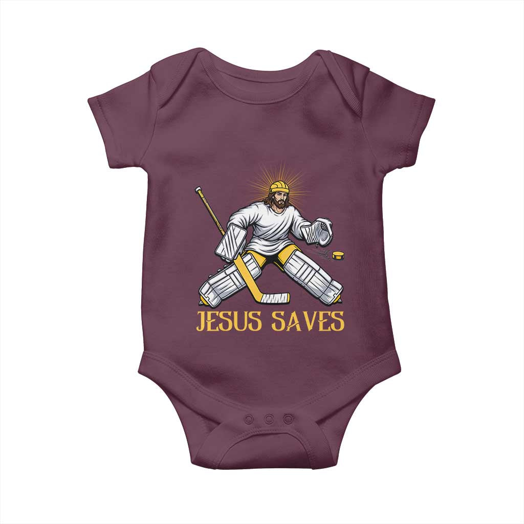 Jesus Saves Baby Onesie Funny Christian Ice Hockey Goalie Gift TS12 Maroon Print Your Wear