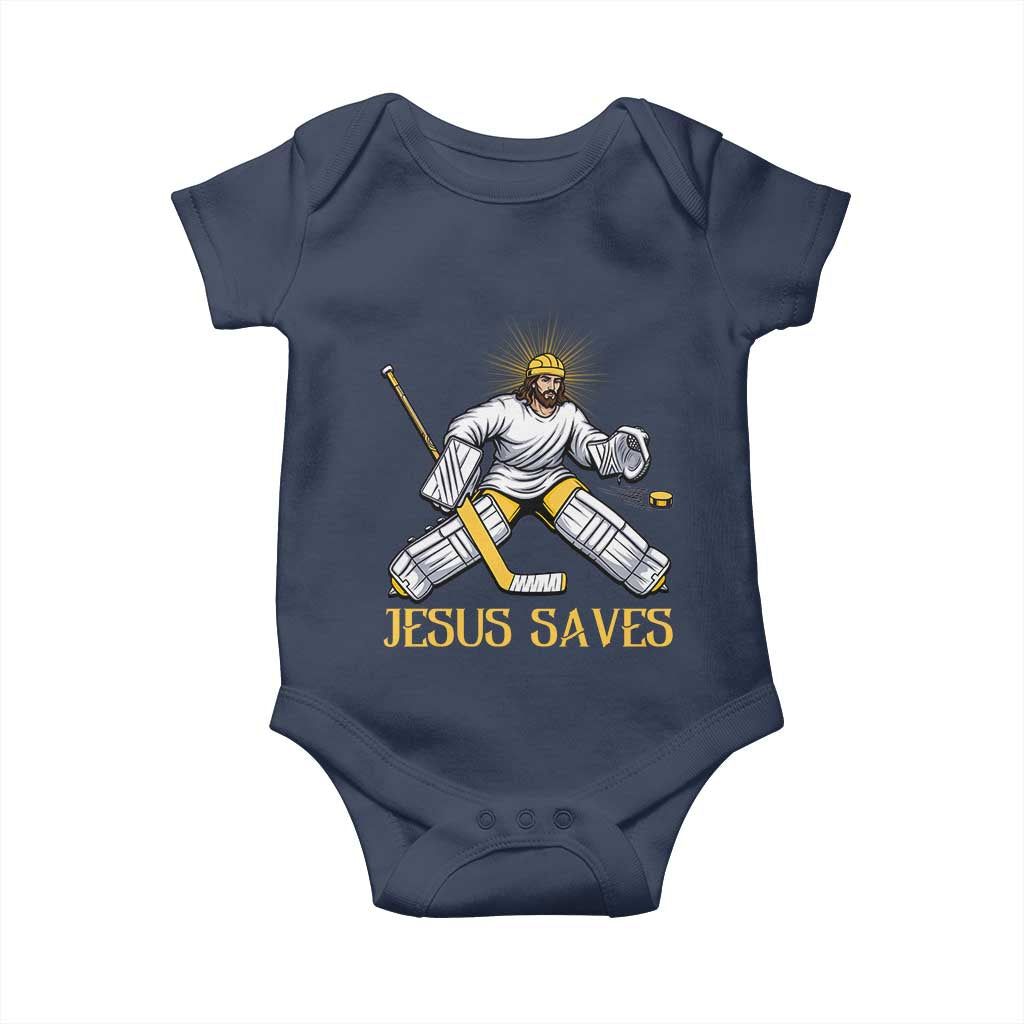 Jesus Saves Baby Onesie Funny Christian Ice Hockey Goalie Gift TS12 Navy Print Your Wear