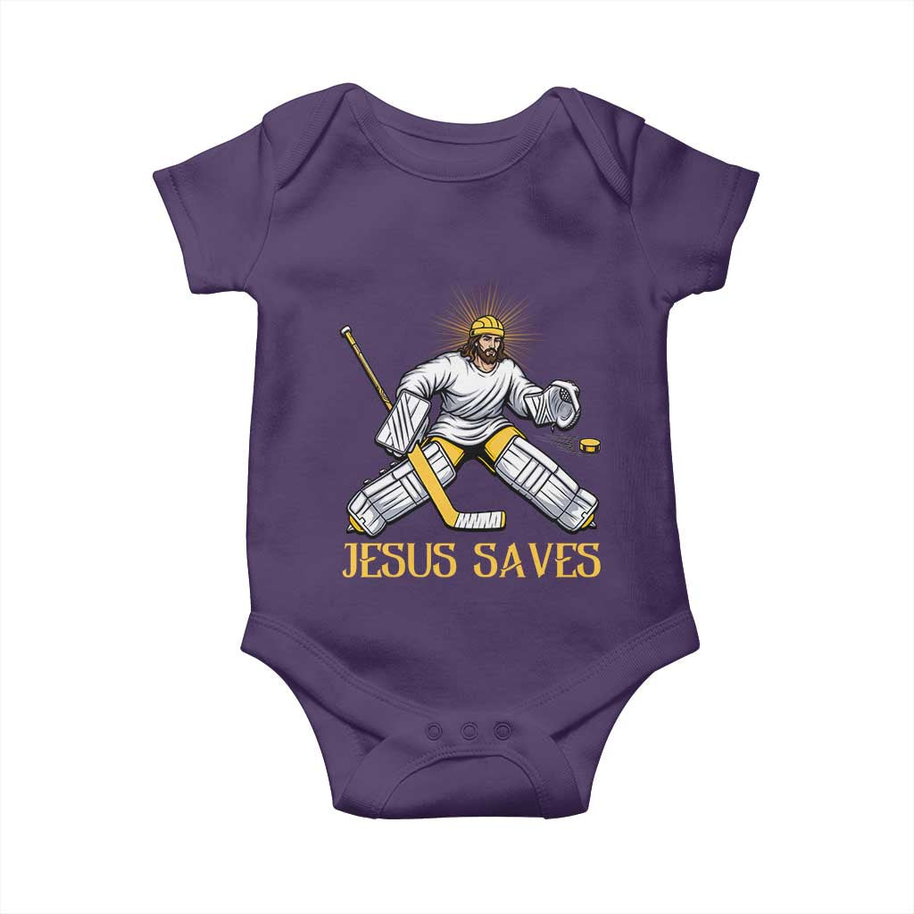 Jesus Saves Baby Onesie Funny Christian Ice Hockey Goalie Gift TS12 Purple Print Your Wear