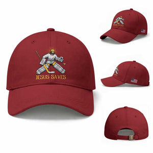 Jesus Saves Baseball Cap Funny Christian Ice Hockey Goalie Gift TS12 Baseball Cap Universal Fit Cherry Red Print Your Wear