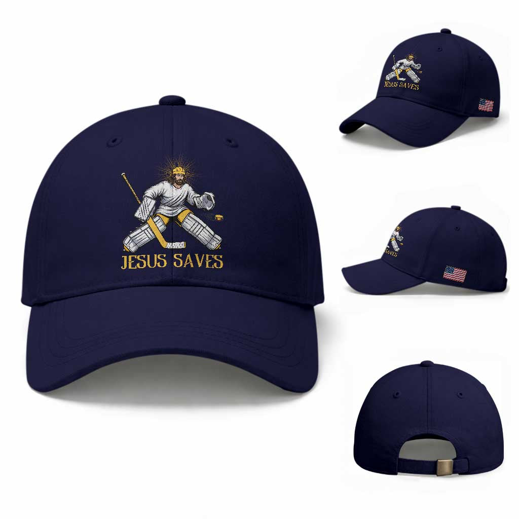 Jesus Saves Baseball Cap Funny Christian Ice Hockey Goalie Gift TS12 Baseball Cap Universal Fit Dark Blue Print Your Wear