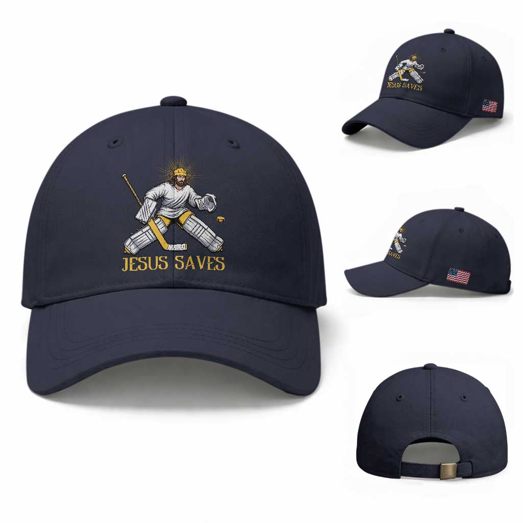 Jesus Saves Baseball Cap Funny Christian Ice Hockey Goalie Gift TS12 Baseball Cap Universal Fit Navy Print Your Wear