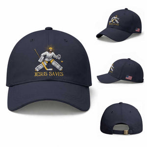 Jesus Saves Baseball Cap Funny Christian Ice Hockey Goalie Gift TS12 Baseball Cap Universal Fit Navy Print Your Wear
