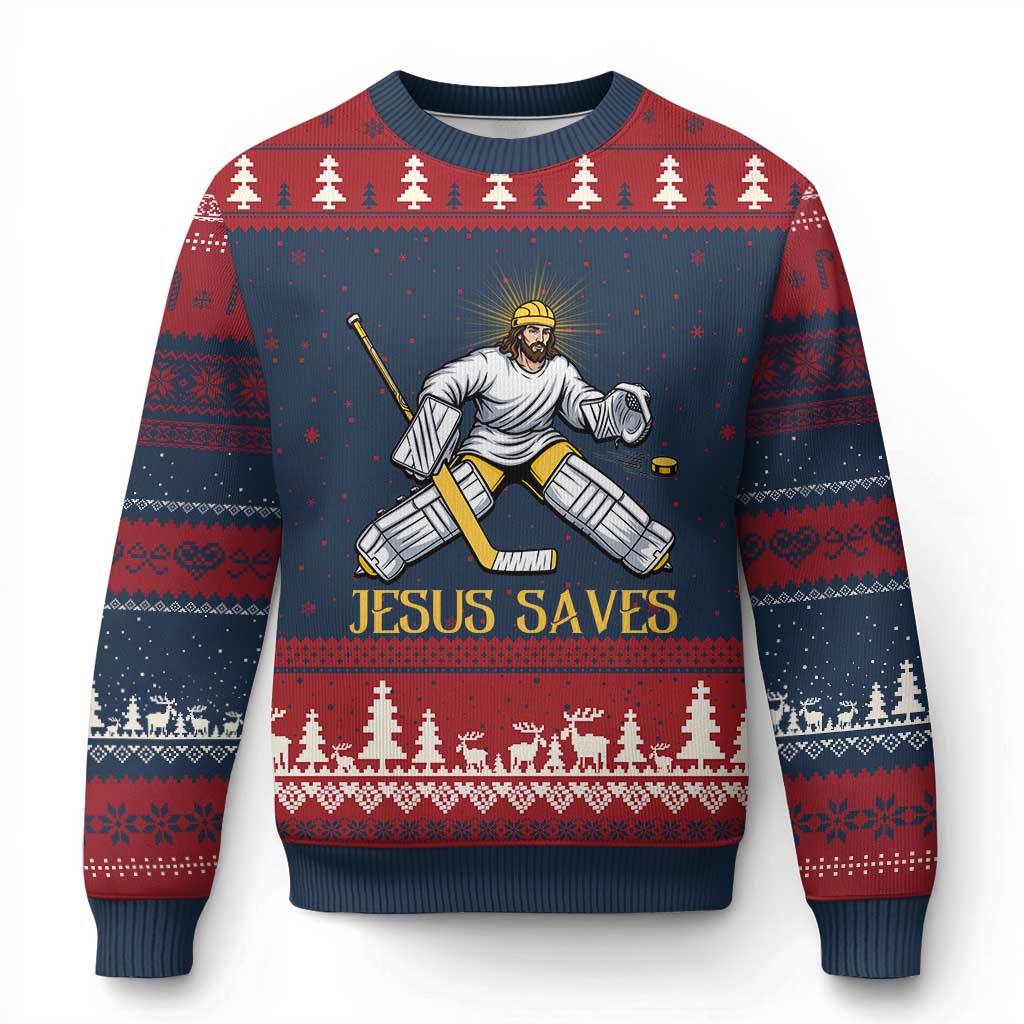 Jesus Saves Ugly Christmas Sweater Funny Christian Ice Hockey Goalie Gift TS12 Navy Red Print Your Wear