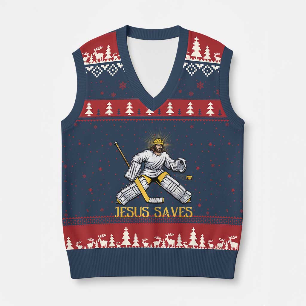 Jesus Saves V-Neck Knit Sweater Vest Funny Christian Ice Hockey Goalie Gift TS12 Navy Red Print Your Wear