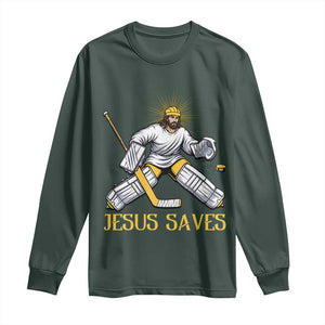 Jesus Saves Long Sleeve Shirt Funny Christian Ice Hockey Goalie Gift TS12 Dark Forest Green Print Your Wear
