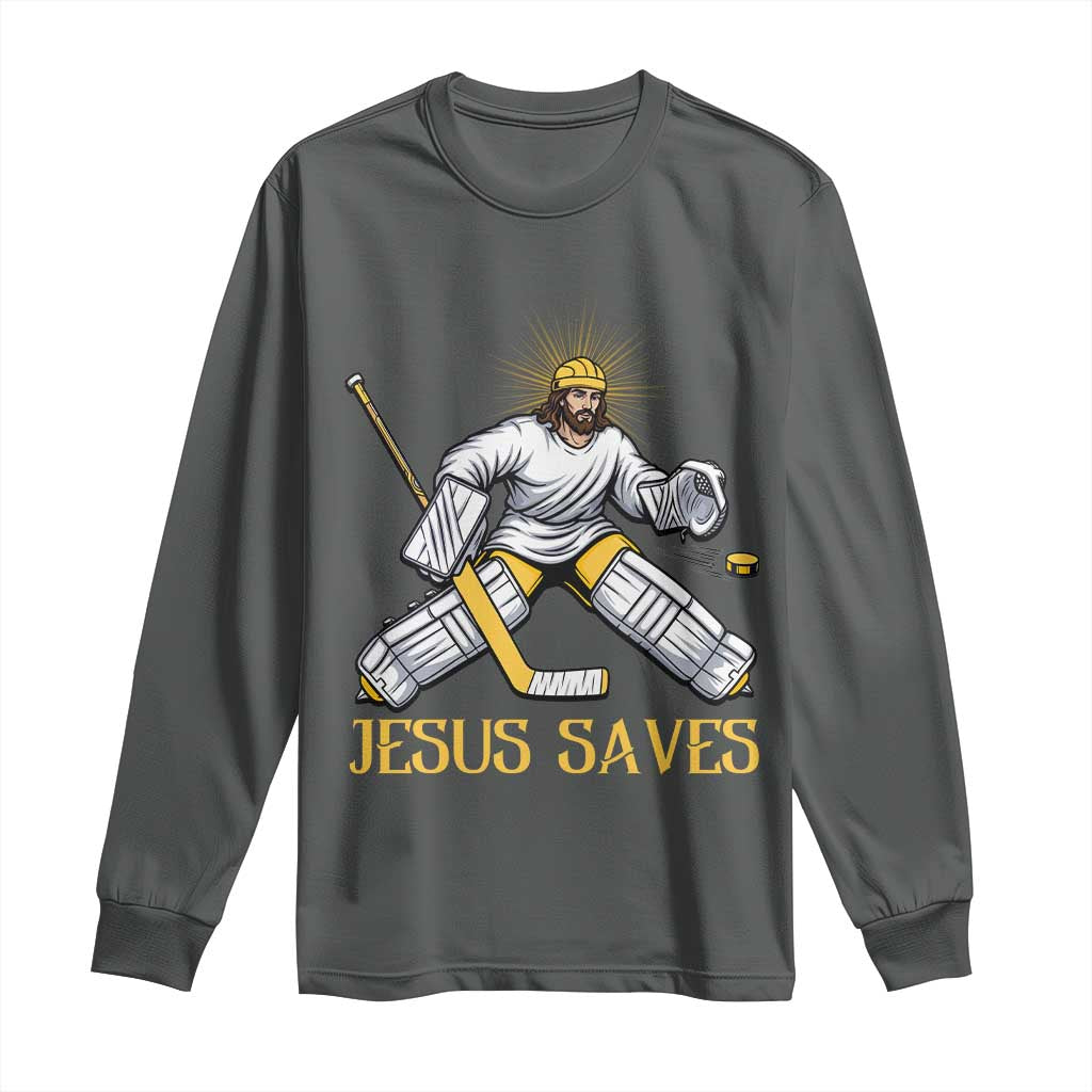 Jesus Saves Long Sleeve Shirt Funny Christian Ice Hockey Goalie Gift TS12 Dark Heather Print Your Wear