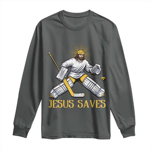 Jesus Saves Long Sleeve Shirt Funny Christian Ice Hockey Goalie Gift TS12 Dark Heather Print Your Wear