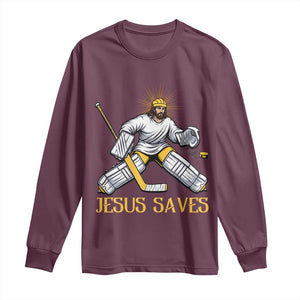 Jesus Saves Long Sleeve Shirt Funny Christian Ice Hockey Goalie Gift TS12 Maroon Print Your Wear