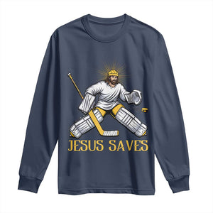 Jesus Saves Long Sleeve Shirt Funny Christian Ice Hockey Goalie Gift TS12 Navy Print Your Wear