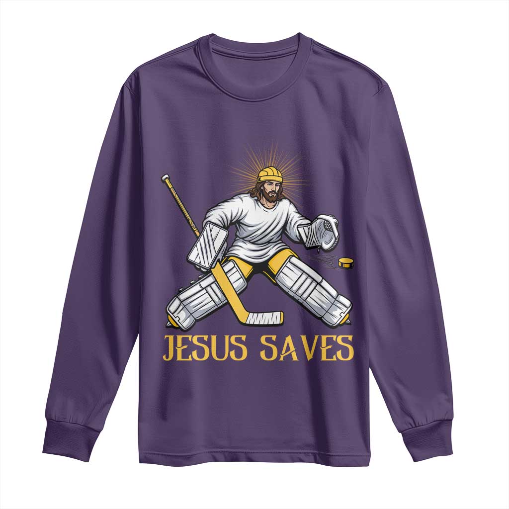 Jesus Saves Long Sleeve Shirt Funny Christian Ice Hockey Goalie Gift TS12 Purple Print Your Wear