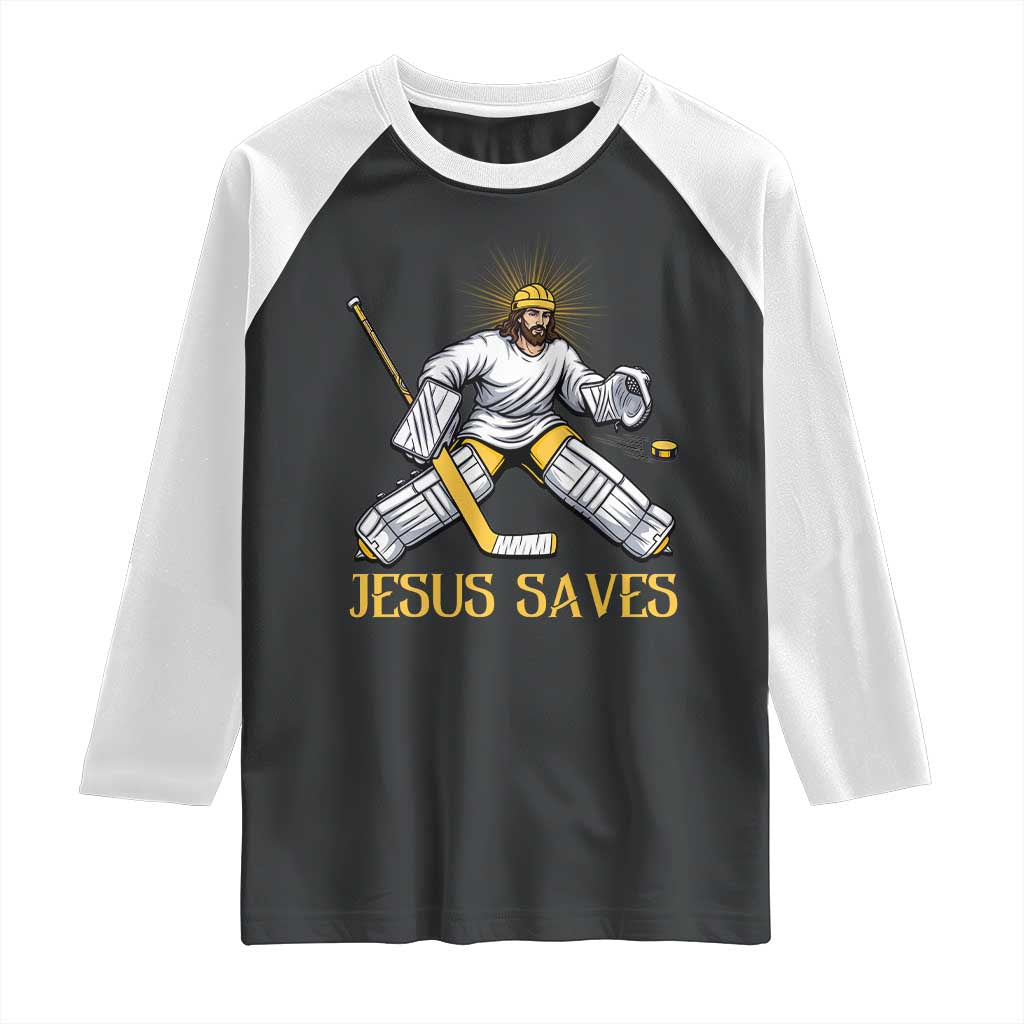 Jesus Saves Raglan Shirt Funny Christian Ice Hockey Goalie Gift TS12 Black White Print Your Wear