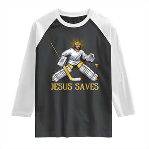 Jesus Saves Raglan Shirt Funny Christian Ice Hockey Goalie Gift TS12 Black White Print Your Wear