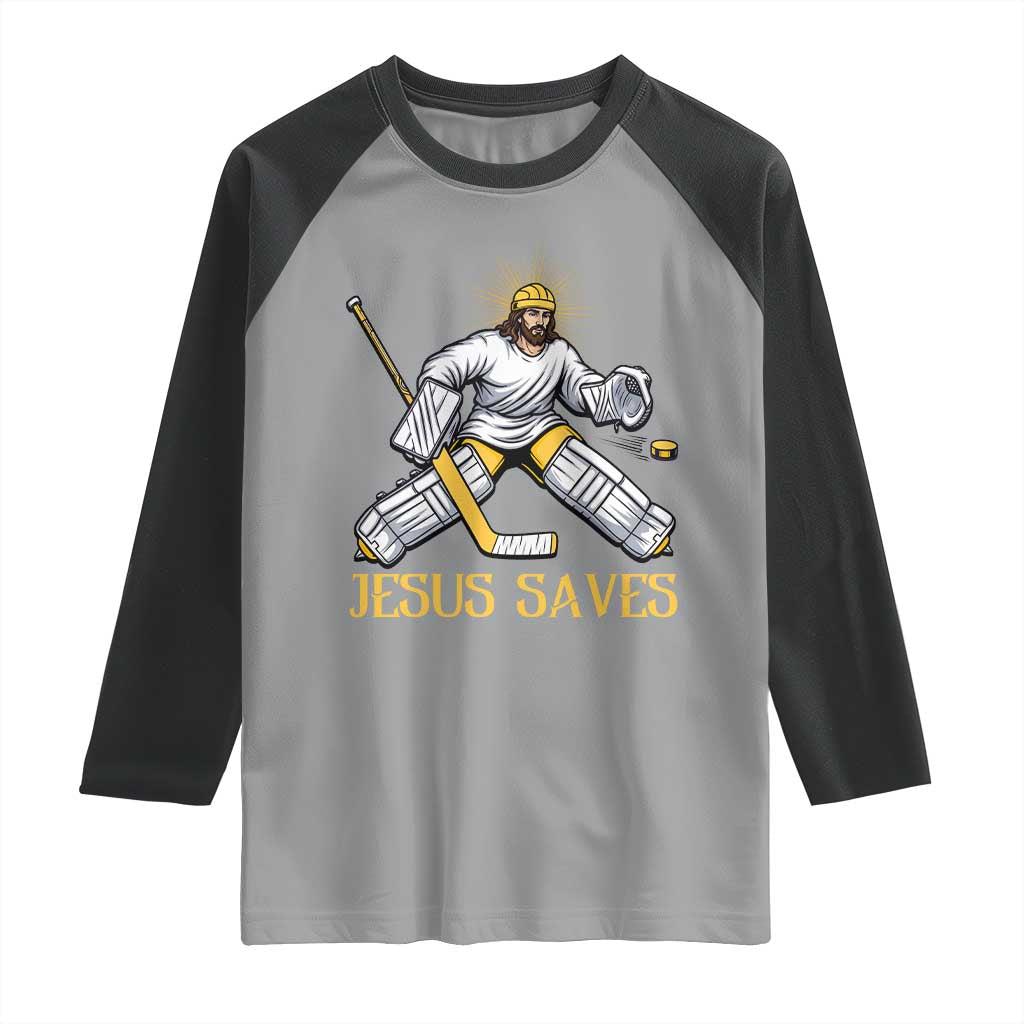 Jesus Saves Raglan Shirt Funny Christian Ice Hockey Goalie Gift TS12 Sport Gray Black Print Your Wear