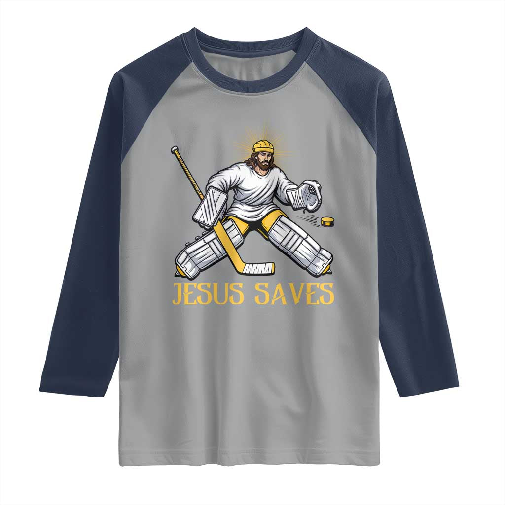 Jesus Saves Raglan Shirt Funny Christian Ice Hockey Goalie Gift TS12 Sport Gray Navy Print Your Wear