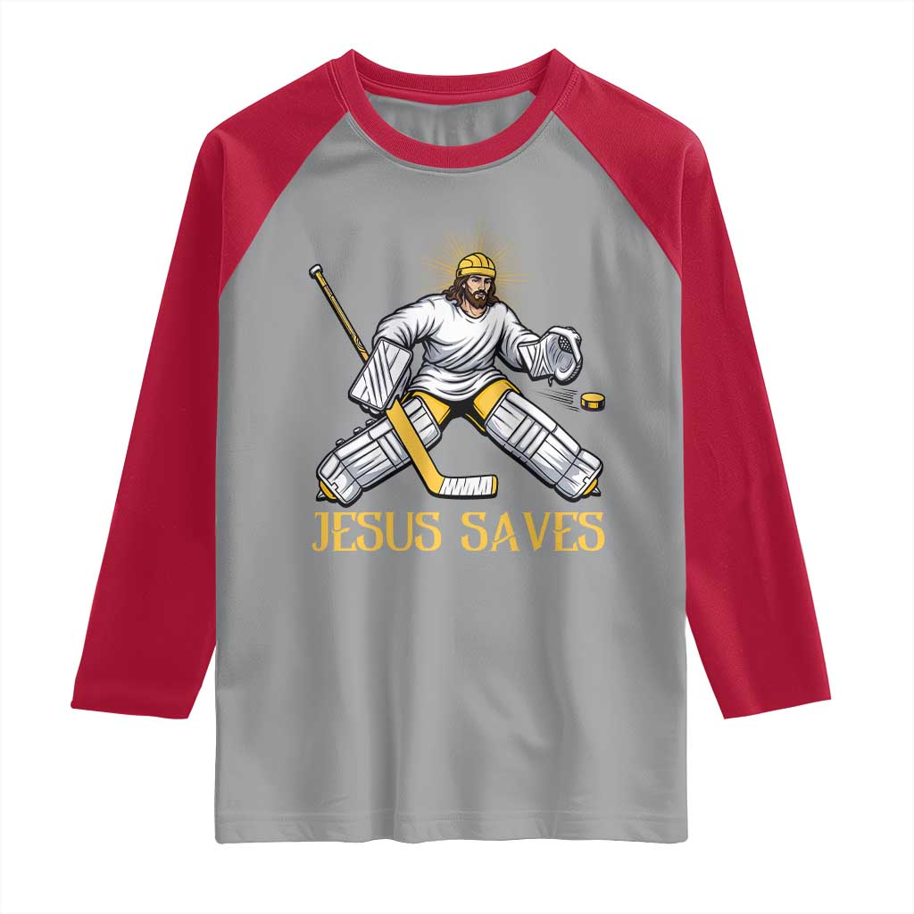 Jesus Saves Raglan Shirt Funny Christian Ice Hockey Goalie Gift TS12 Sport Gray Red Print Your Wear