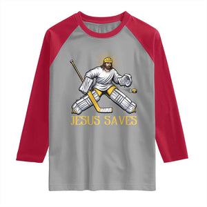 Jesus Saves Raglan Shirt Funny Christian Ice Hockey Goalie Gift TS12 Sport Gray Red Print Your Wear