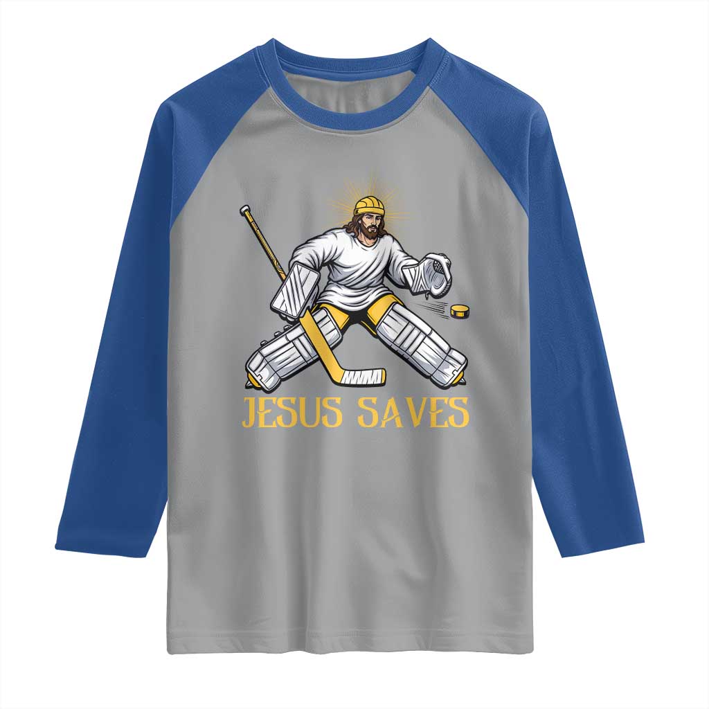 Jesus Saves Raglan Shirt Funny Christian Ice Hockey Goalie Gift TS12 Sport Gray Royal Print Your Wear