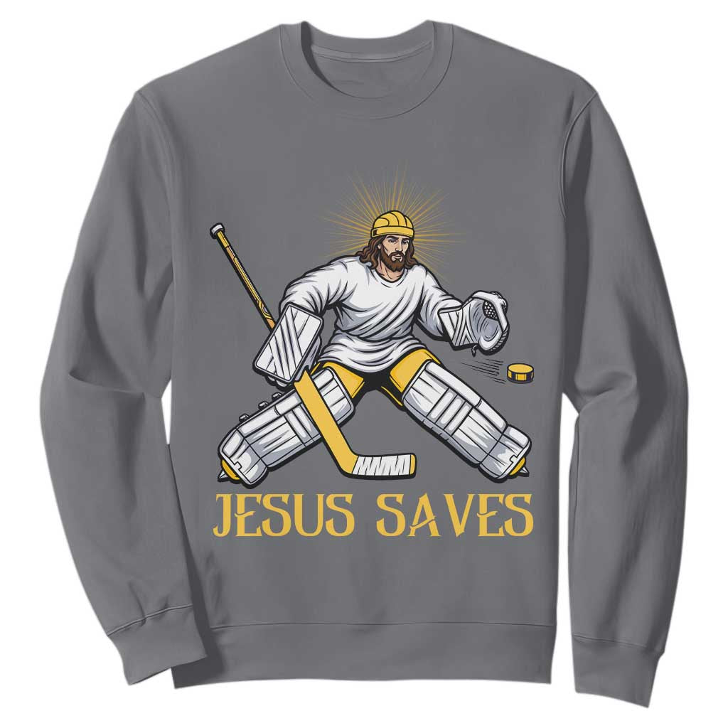 Jesus Saves Sweatshirt Funny Christian Ice Hockey Goalie Gift TS12 Charcoal Print Your Wear