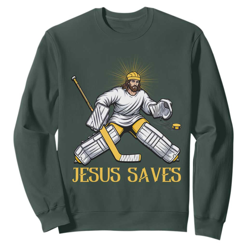 Jesus Saves Sweatshirt Funny Christian Ice Hockey Goalie Gift TS12 Dark Forest Green Print Your Wear