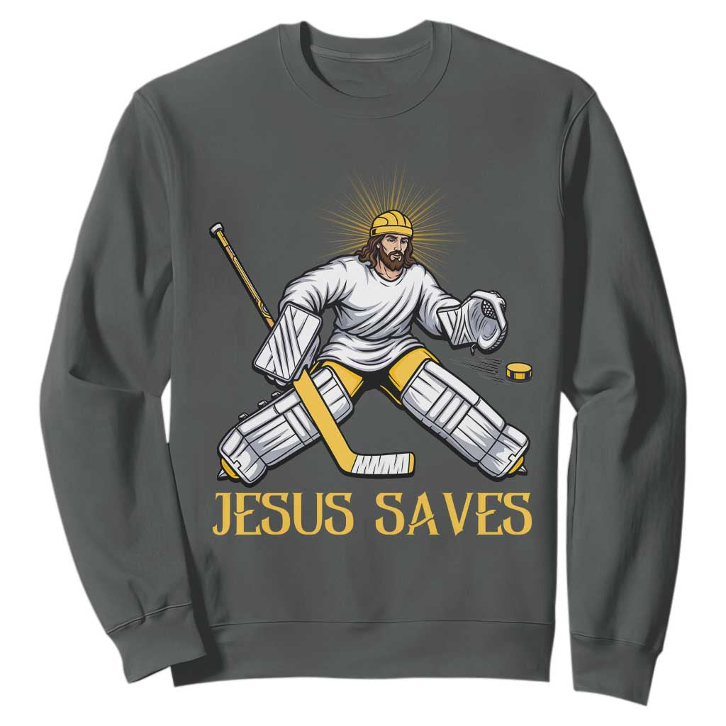 Jesus Saves Sweatshirt Funny Christian Ice Hockey Goalie Gift TS12 Dark Heather Print Your Wear