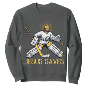 Jesus Saves Sweatshirt Funny Christian Ice Hockey Goalie Gift TS12 Dark Heather Print Your Wear