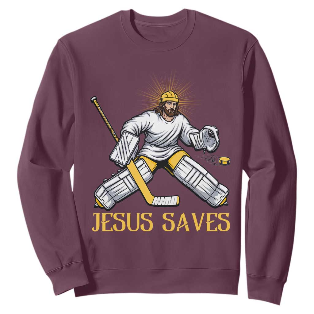 Jesus Saves Sweatshirt Funny Christian Ice Hockey Goalie Gift TS12 Maroon Print Your Wear