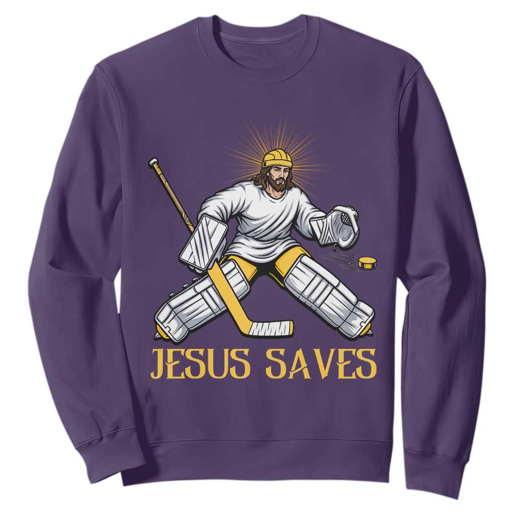 Jesus Saves Sweatshirt Funny Christian Ice Hockey Goalie Gift TS12 Purple Print Your Wear