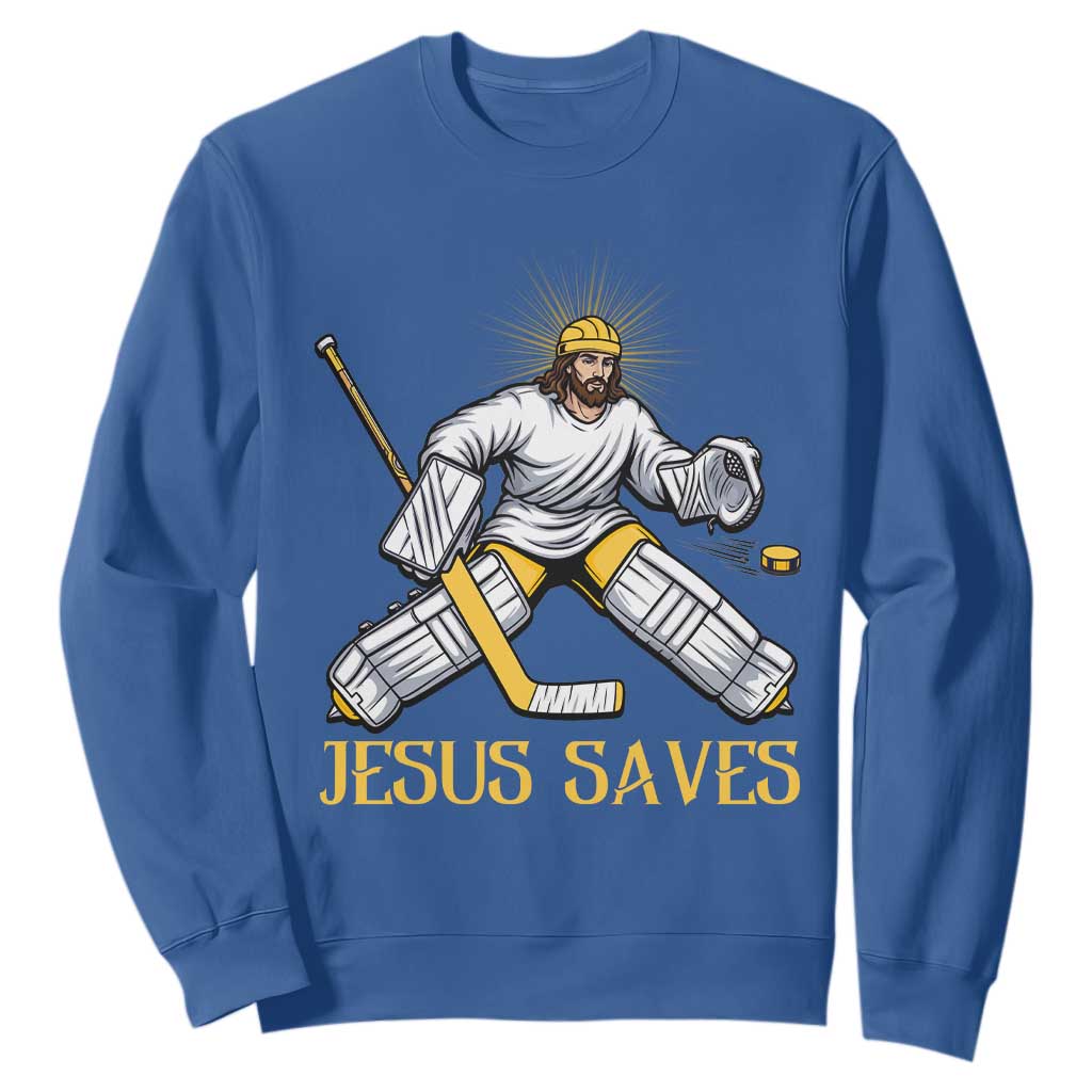 Jesus Saves Sweatshirt Funny Christian Ice Hockey Goalie Gift TS12 Royal Blue Print Your Wear